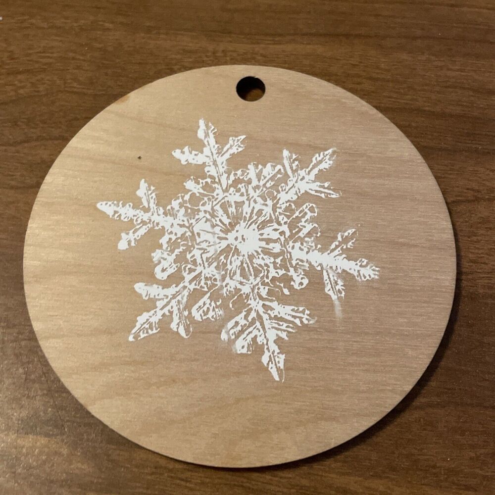 Christmas Ornament Round Painted Wood Snowflake 4” Disc Boho Rustic